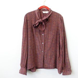 Saint Laurent Top Size 40 Silk Puff Blouse Bow Tie Button Small Vtg Rive Gauche